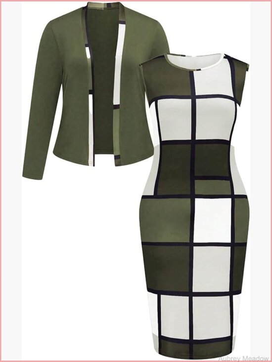 Dresses & Skirts - Plus Size Business Casual 2 Piece Set Plaid Bodycon Dress with Cardigan